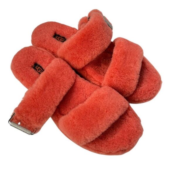 UGG Fuzz Yeah Sheepskin Sherpa Double Buckle Sandals Coral Pink Size 9 - Picture 3 of 11